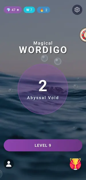Wordigo home screen showing the current level, gems and streak